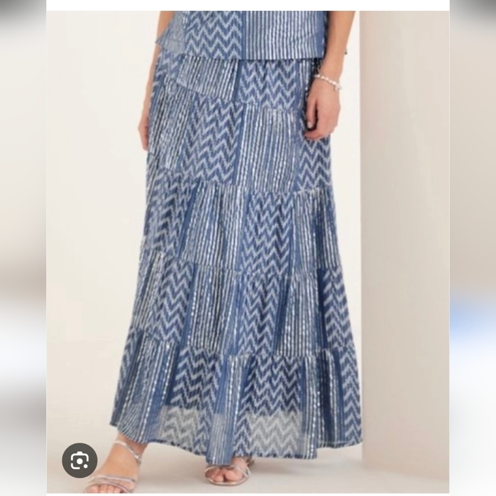 Soft Surroundings Blue White Chevron Tiered Maxi Skirt Boho Festival Vacation XL